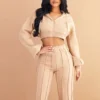 Beige Cropped Hoodie & Flare Pants Set