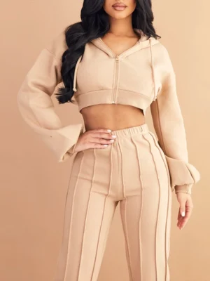 Beige Cropped Hoodie & Flare Pants Set Beige Cropped Hoodie & Flare Pants Set