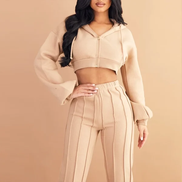 Beige Cropped Hoodie & Flare Pants Set