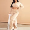 Beige Cropped Hoodie & Flare Pants Set