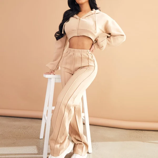 Beige Cropped Hoodie & Flare Pants Set