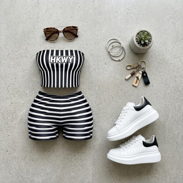 Black White Stripe HKWY 2-Piece Set Black White Stripe Strapless 2-Piece Set