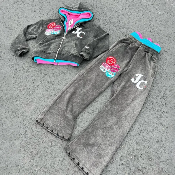 Colorful Patch Acid Wash Cropped Zip Tracksuit Colorful Patch Acid Wash Cropped Zip Tracksuit
