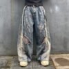 Distressed Patch Wide Leg Vintage Washed Denim Jeans Distressed Patch Wide Leg Vintage Washed Denim Jeans