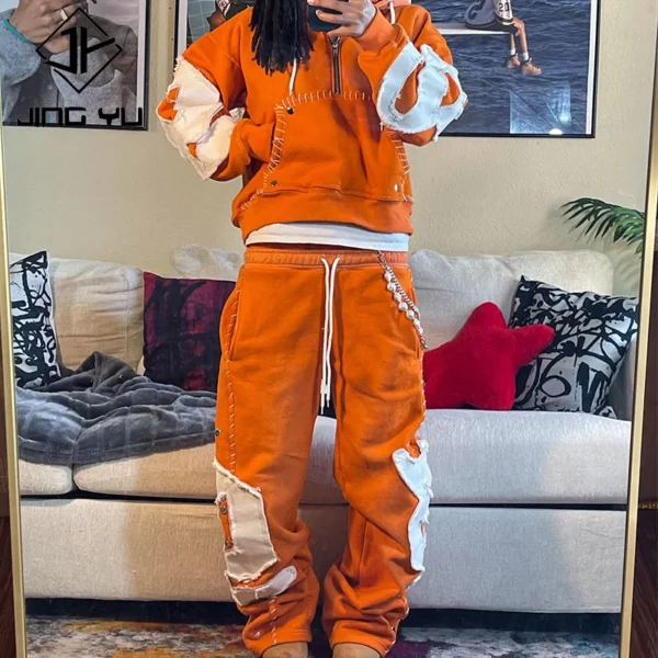 Raw Edge Patch Cropped Hoodie & Sweatpant Set