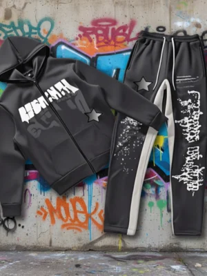 Graffiti Print Side Stripe Zip-Up Tracksuit
