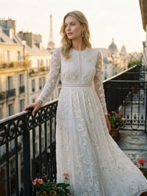 Floral Embroidery Lace Trim Long Sleeve White Maxi Dress