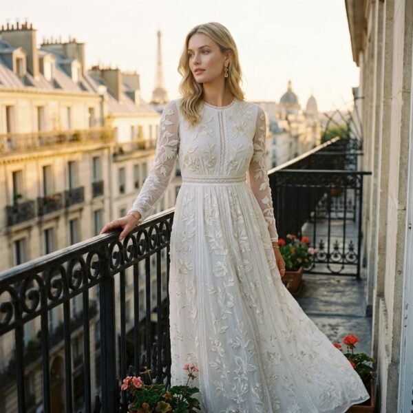 Floral Embroidery Lace Trim Long Sleeve White Maxi Dress