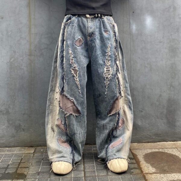 Distressed Patch Wide Leg Vintage Washed Denim Jeans Distressed Patch Wide Leg Vintage Washed Denim Jeans
