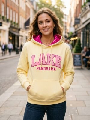 Polka Dot Lined LAKE PANORAMA Varsity Letter Pullover Hoodie Polka Dot Lined LAKE PANORAMA Varsity Letter Pullover Hoodie
