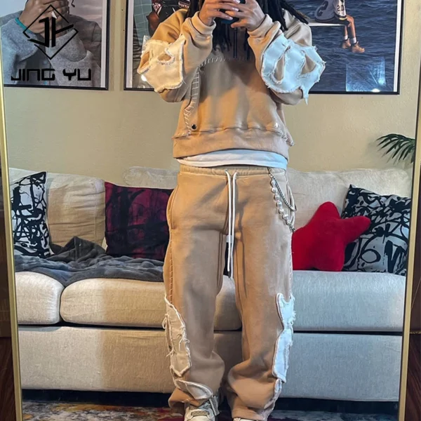Raw Edge Patch Cropped Hoodie & Sweatpant Set