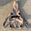 Fuzzy Letter Cross Patch Flame Zip Up Hooded Jacket