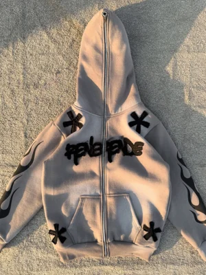 Fuzzy Letter Cross Patch Flame Zip Up Hooded Jacket