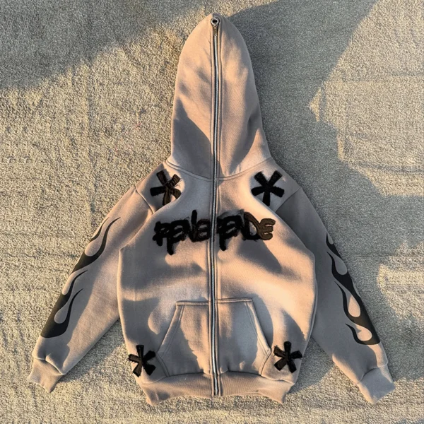 Fuzzy Letter Cross Patch Flame Zip Up Hooded Jacket Fuzzy Letter Cross Patch Flame Zip Up Hooded Jacket