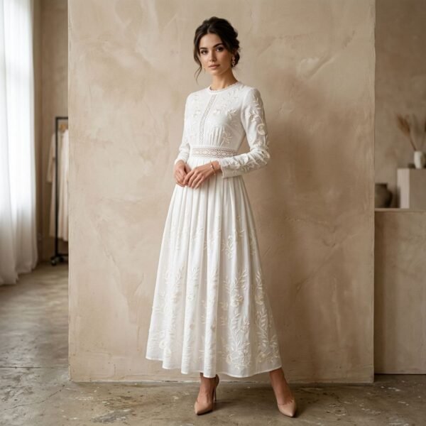 Floral Embroidery Lace Trim Long Sleeve White Maxi Dress