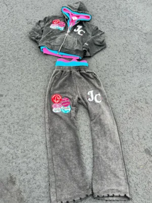 Colorful Patch Acid Wash Cropped Zip Tracksuit