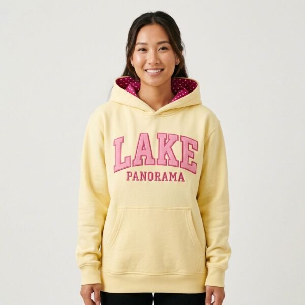 Polka Dot Lined LAKE PANORAMA Varsity Letter Pullover Hoodie Polka Dot Lined LAKE PANORAMA Varsity Letter Pullover Hoodie