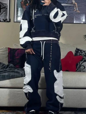 Raw Edge Patch Cropped Hoodie & Sweatpant Set