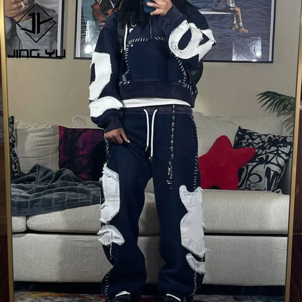 Raw Edge Patch Cropped Hoodie & Sweatpant Set