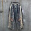 Distressed Patch Wide Leg Vintage Washed Denim Jeans