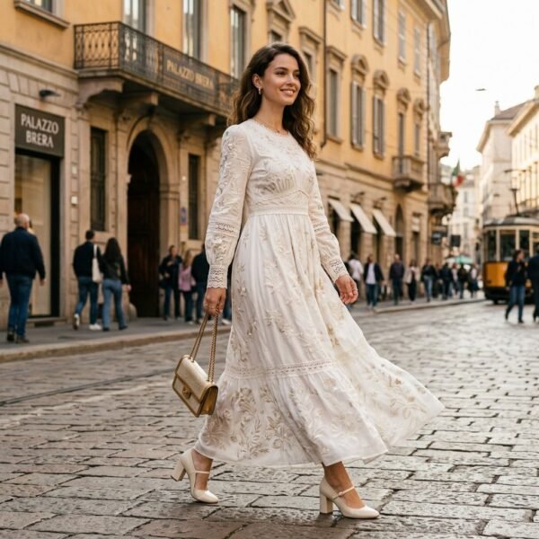 Floral Embroidery Lace Trim Long Sleeve White Maxi Dress