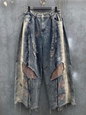 Distressed Patch Wide Leg Vintage Washed Denim Jeans
