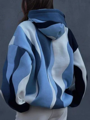 Wave Color Block Drawstring Hem Oversized Hoodie