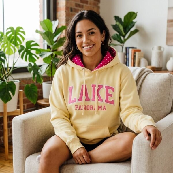 Polka Dot Lined LAKE PANORAMA Varsity Letter Pullover Hoodie Polka Dot Lined LAKE PANORAMA Varsity Letter Pullover Hoodie