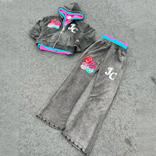 Colorful Patch Acid Wash Cropped Zip Tracksuit Colorful Patch Acid Wash Cropped Zip Tracksuit