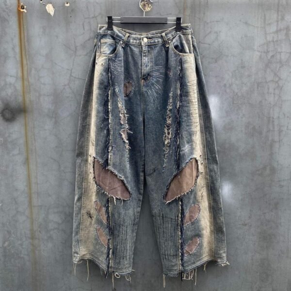 Distressed Patch Wide Leg Vintage Washed Denim Jeans Distressed Patch Wide Leg Vintage Washed Denim Jeans