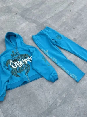 Gothic Graphic Cropped Zip Hoodie & Straight Pant Set