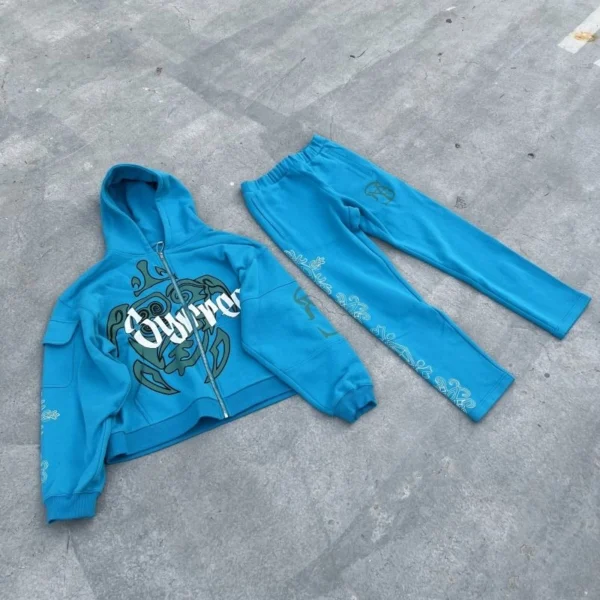 Gothic Graphic Cropped Zip Hoodie & Straight Pant Set