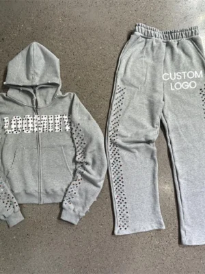 Rhinestone Studded Custom Logo Zip Tracksuit