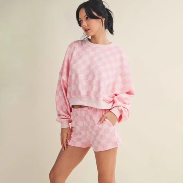 Pink Checkered Cropped Sweatshirt & Short Set Pink Checkered Cropped Sweatshirt & Short Set