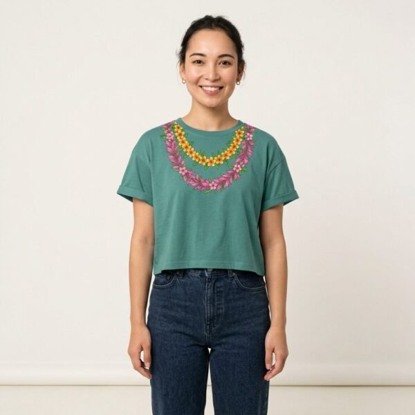 Tropical Floral Lei Print Green Crop Short Sleeve Tee