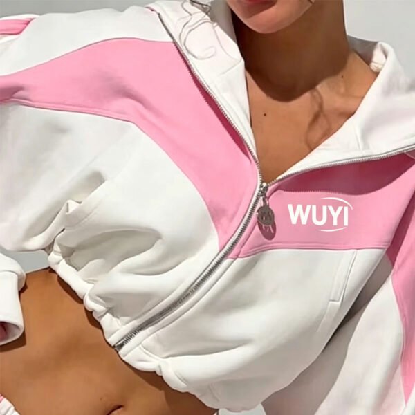 Two Tone Color Block Crop Zip Hoodie Wide Leg Tracksuit Set
