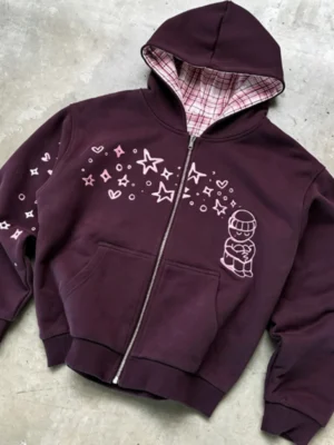 Reversible Plaid & Star Print Zip Hoodie