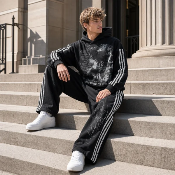 Anime Print Side Stripe Hoodie & Pants Set Anime Print Side Stripe Hoodie & Pants Set