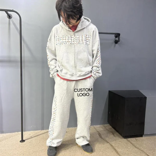 Rhinestone Studded Custom Logo Zip Tracksuit Rhinestone Studded Custom Logo Zip Tracksuit