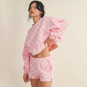 Pink Checkered Cropped Sweatshirt & Short Set