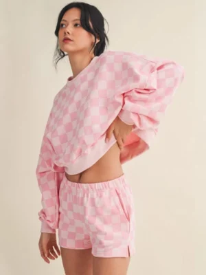 Pink Checkered Cropped Sweatshirt & Short Set Pink Checkered Cropped Sweatshirt & Short Set