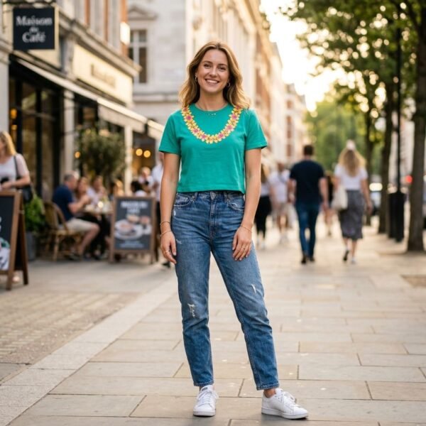Tropical Floral Lei Print Green Crop Short Sleeve Tee
