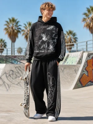 Anime Print Side Stripe Hoodie & Pants Set Anime Print Side Stripe Hoodie & Pants Set