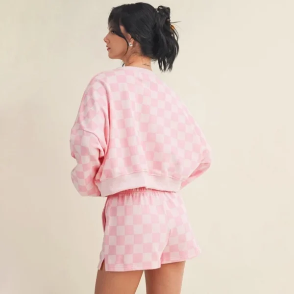 Pink Checkered Cropped Sweatshirt & Short Set Pink Checkered Cropped Sweatshirt & Short Set