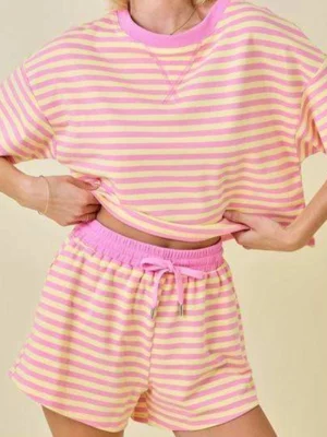 Contrast Trim Striped Tee & Short Loungewear Set Contrast Trim Striped Tee & Short Loungewear Set