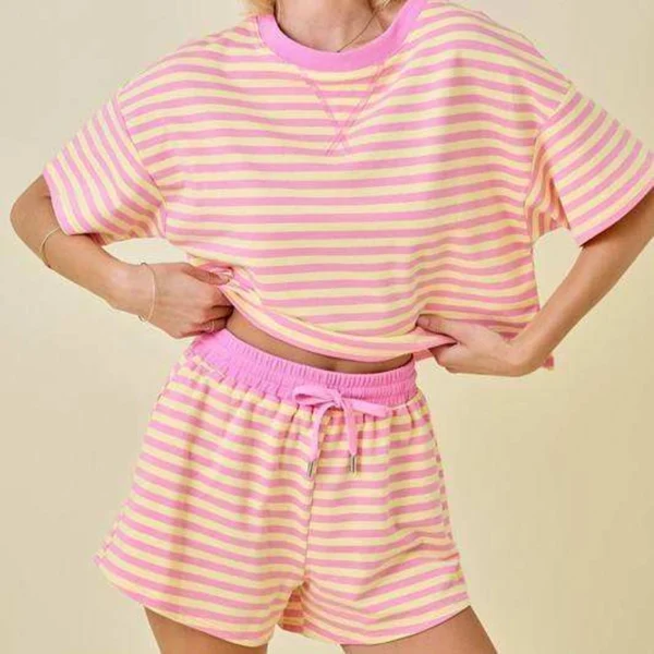 Contrast Trim Striped Tee & Short Loungewear Set Contrast Trim Striped Tee & Short Loungewear Set