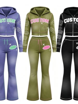 Vintage Ticket Print Cropped Zip & Flare Pant Set