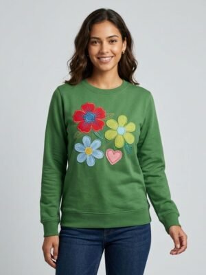 Colorful Floral Heart Patch Embroidery Green Crewneck Sweatshirt Colorful Floral Heart Patch Embroidery Green Crewneck Sweatshirt