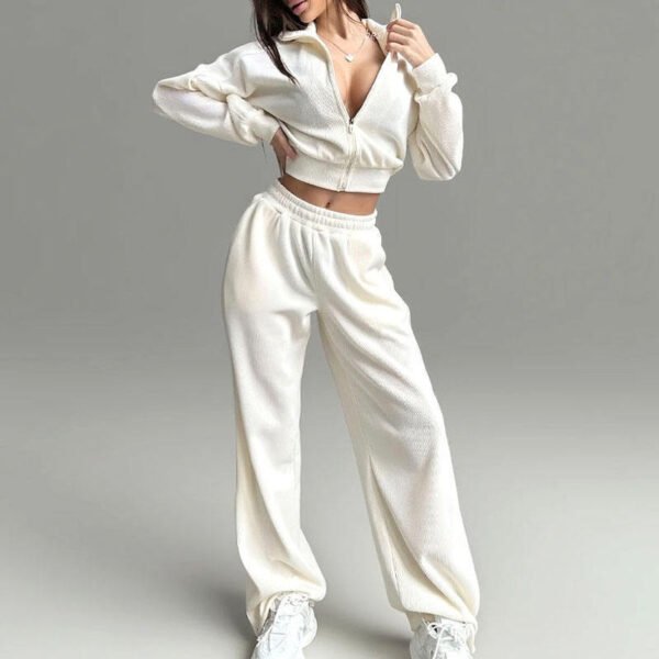 Waffle Knit Collar Zip Crop Jacket Wide Leg Pant Tracksuit Set