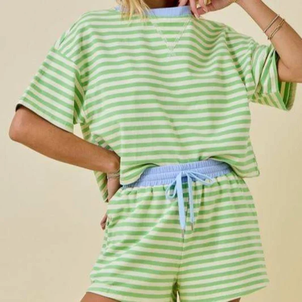 Contrast Trim Striped Tee & Short Loungewear Set Contrast Trim Striped Tee & Short Loungewear Set